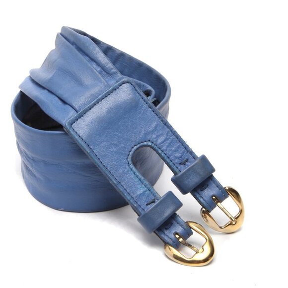 Vintage Wide Double Buckle Leather Belt 1990s Retro Summer Blue Gold - Picture 10 of 10